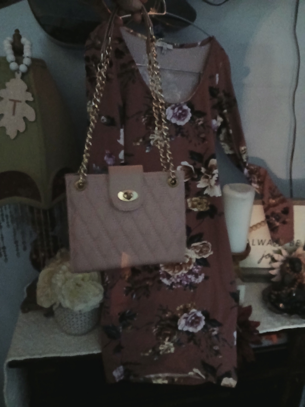 Quilted Chain-Handle Shoulder Bag - Blush Pink Paired With Two Dresses.